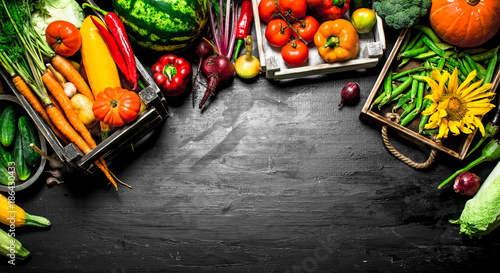 Organic food. Fresh vegetables and fruits in old boxes. © Artem Shadrin