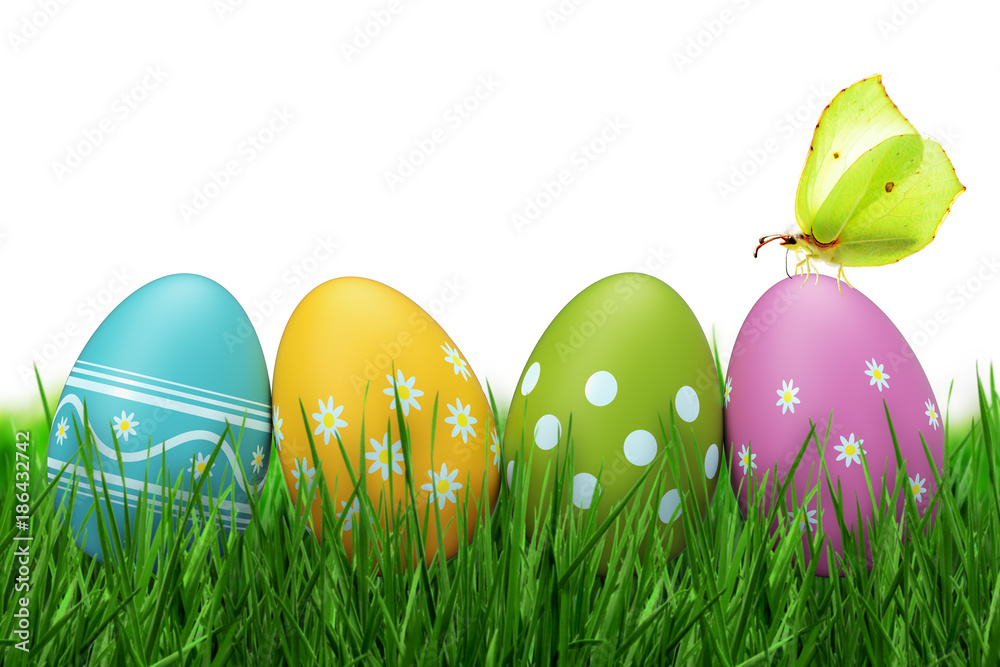 Fototapete Bunt Bemalte Ostereier Im Gras Mit Schmetterling