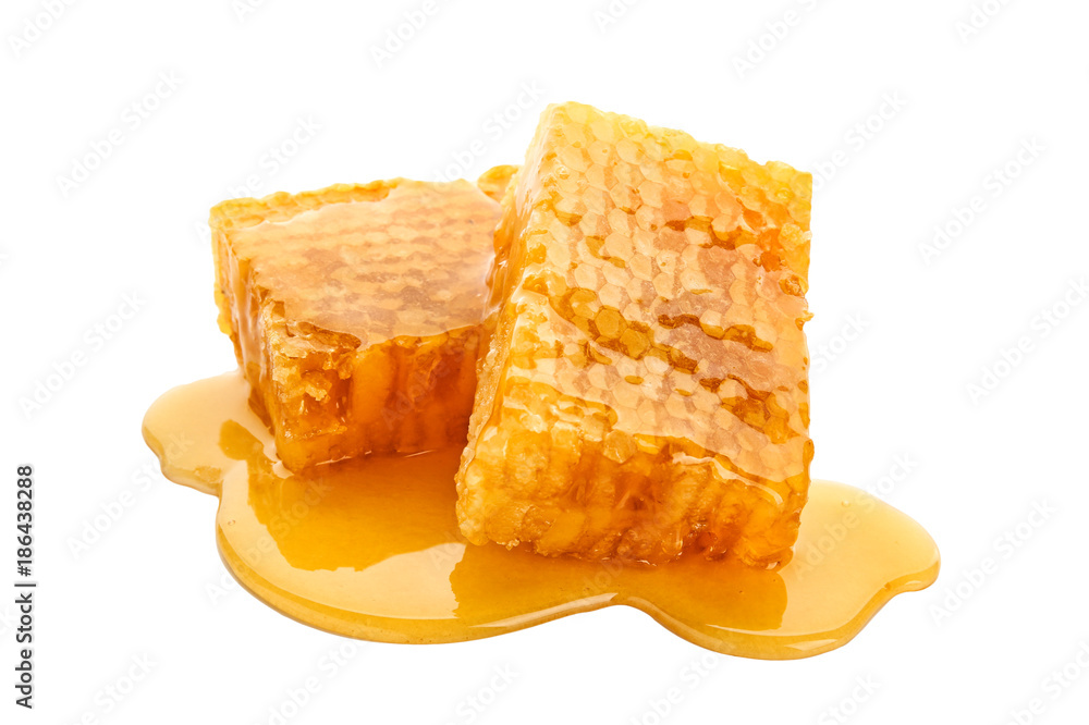 Tasty honeycombs on white background
