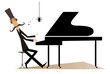 Mustache pianist is playing music on piano and singing isolated. Mustache gentleman in the top hat is playing music on piano and singing 
