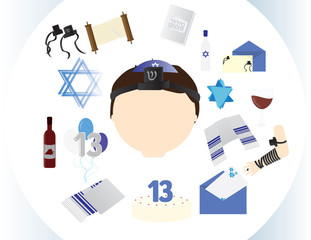 Jewish boy icon with traditional Bar mitzvah elements