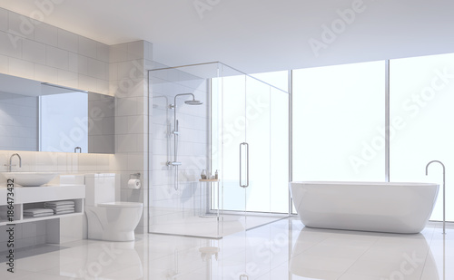 Modern White Bathroom 3d Rendering Image There Are White Tile Wall And Floor The Room Has Large Windows Looking Out To See The Scenery Outside Stock Illustration Adobe Stock