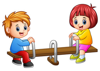 Poster - Cartoon kids playing seesaw on white background