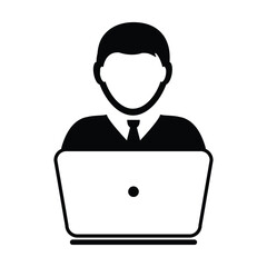 User Icon Vector With Laptop Computer Male Person Profile Avatar for Business and Online Communication Network in Glyph Pictogram Symbol illustration