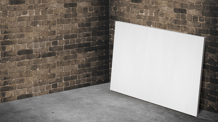 Poster - Blank poster at corner room with brown brick wall and grey concrete floor background,Mock up studio room for display or montage of product for advertising on media,Business presentation