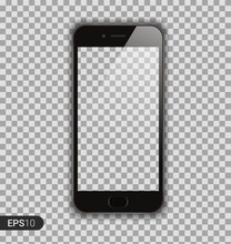New High Detailed Realistic Smartphone Similar To I Phone Isolated On Transparent Background. Display Front View. Device Mockup Separate Groups And Layers. Easily Editable Vector. EPS 10.