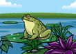 frog cartoon stand in the lotus leaf in the middle of lake