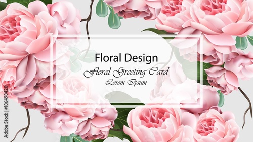 Rose flowers background template card Vector. Realistic 3d design decor