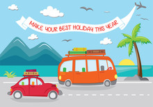 Colorful Summer Poster. Hippie And Car On The Road, Traveling To Seaside. Vector Illustration.