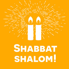 Shabbat shalom lettering, greeting card, vector illustration. Two burning shabbat candles and bokeh orange rays of light background. Jewish religious Sabbath congratulations in Hebrew.