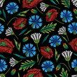 Embroidery seamless floral pattern with poppy, cornflower and chamomile