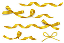 Set Of Decorative Golden Bows With Horizontal Gold Ribbons Isolated On White. Vector Yellow Gift Bow With Curled Ribbon For Page Decor.