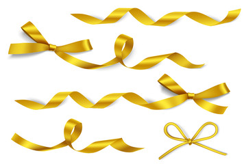 Wall Mural - set of decorative golden bows with horizontal gold ribbons isolated on white. vector yellow gift bow