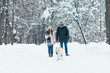 © LIGHTFIELD STUDIOS - young couple with dog walking in winter snowy park