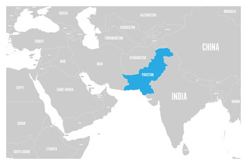 Canvas Print - Pakistan blue marked in political map of South Asia and Middle East. Simple flat vector map..