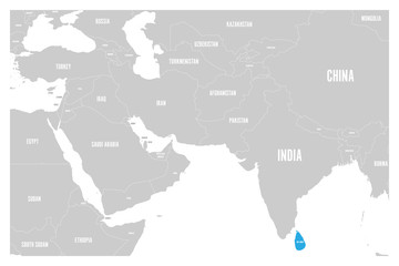 Canvas Print - Sri Lanka blue marked in political map of South Asia and Middle East. Simple flat vector map..