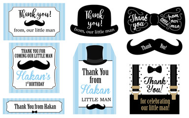 Little man birthday party ( Baby shower party) tags. Thank you favor card. Vector bow tie and suspenders. Black, blue, white - classic pattern. Set of design label (badge, sticker, frame) templates