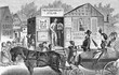 © acrogame - Vintage engraving of wandering photograph offering his service and skills to the people in a village, with a carriage with a wealthy family passing by