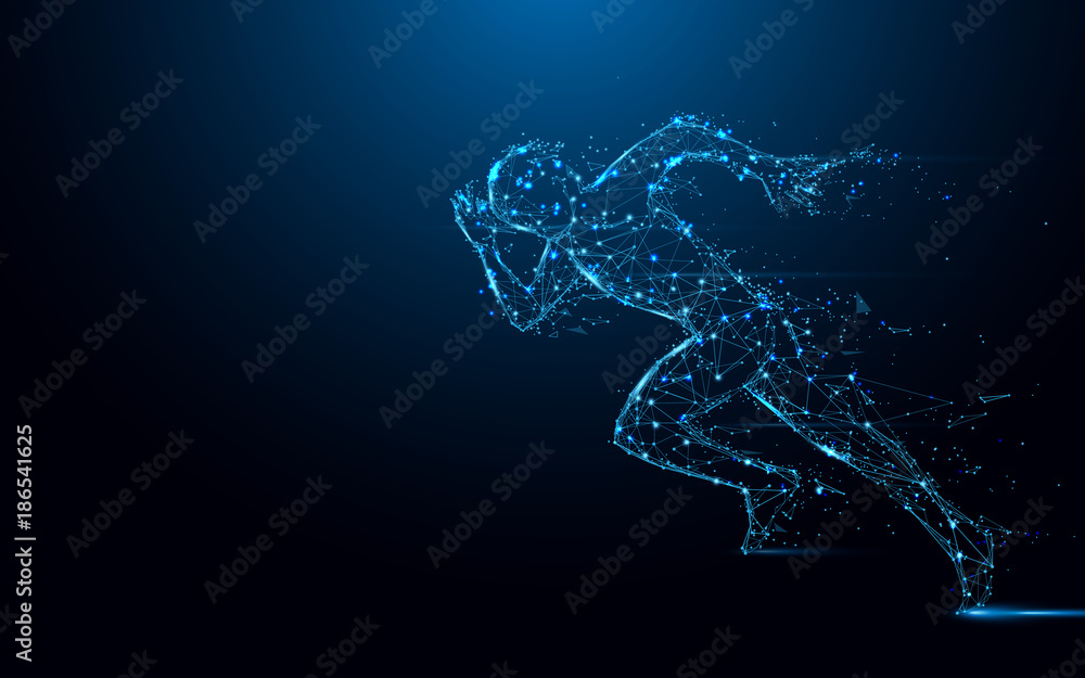 Abstract running man form lines and triangles, point connecting network ...