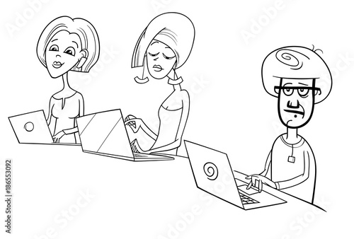 People Working On Laptops Cartoon Illustration Buy This Stock