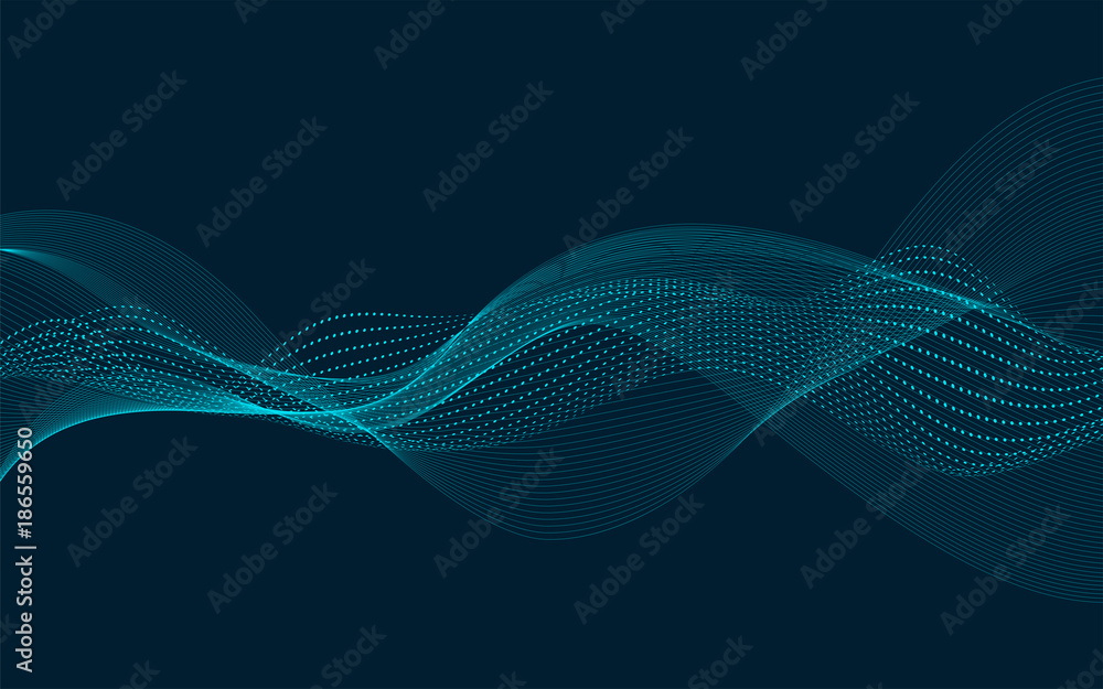 Abstract vector wave flow. Sound oscillation design. Flowing particles. - obrazy, fototapety, plakaty 