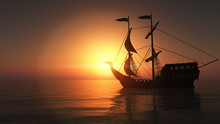 Old Ship In Sea Sunset
