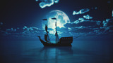 old ship in sea full moon