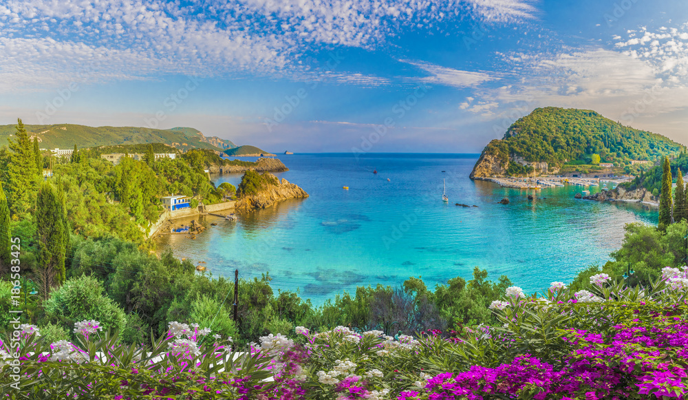 Panoramic view of Paleokastritsa lagoon bay on Corfu island, Greece - obrazy, fototapety, plakaty 