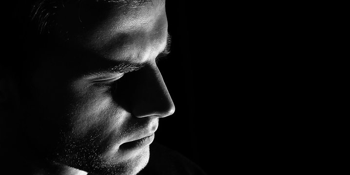 Fototapete - sad man profile, Dark guy  male in depression, black and white, serious look