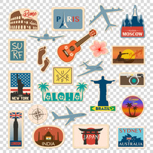 Vector Travel Sticker And Label Set With Famous Countries, Cities, Monuments, Flags And Symbols In Retro Or Vintage Style. Includes Italy, France, Russia, USA, England, India, Japan Etc