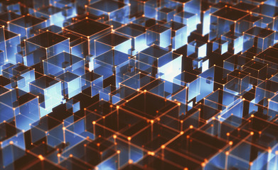 Wall Mural - 3d illustration, abstract background of cubes and interconnected lines representing technological co