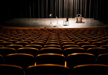 Brown Wooden Chairs In The Auditorium Without People, Visible Podium