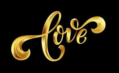 Wall Mural - Love gold lettering text on background, hand painted letter, golden valentines day handwritten calligraphy for greeting card, invitation, wedding, save the date. Vector illustration