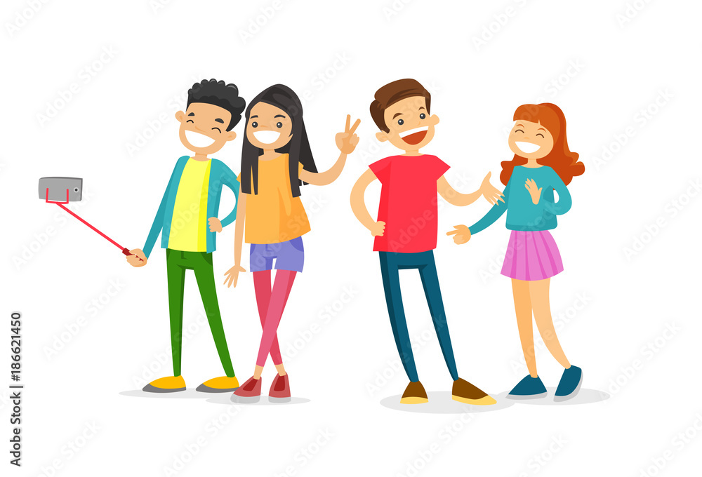 Group of Caucasian white teenage friends taking a selfie photo with a smartphone. Young people having fun and making selfie. Friendship and technology concept. Vector isolated cartoon illustration. - obrazy, fototapety, plakaty 