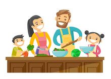 Young Caucasian White Parents With Their Son And Daughter Cooking Together At Home. Couple With Kids Having Fun While Preparing Vegetable Meal. Vector Cartoon Illustration Isolated On White Background