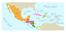 Hand Drawn Vector Map Of Central America And Mexico. Colorful Cartoon Style Cartography Of Central America Including Mexico, Nicaragua, Honduras, Panama, San Salvador, Guatemala, Bahamas, Cuba...