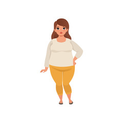 Wall Mural - Pretty fat woman posing isolated on white. Cartoon character of caucasian brunette girl with brown hair in beige blouse and yellow pants. Isolated flat vector design