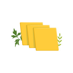 Poster - Sliced pieces of cheddar cheese with green ginger leaves. Dairy organic product. Healthy food concept. Flat vector design for advertising poster or banner