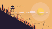 Vector Flat Art Landscape With Fire Lookout Tower