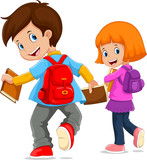 Fototapeta  - Back to school. Vector illustration of cartoon kids going to school