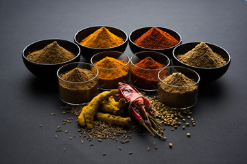 Canvas Print - Indian colourful spices. Group photo of four basic Indian spices like raw red chilli, turmeric, coriander and cumin powder. selective focus
