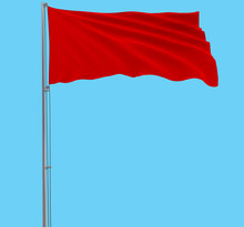 Isolate Red Flag On A Flagpole Fluttering In The Wind On A Blue Background, 3d Rendering.