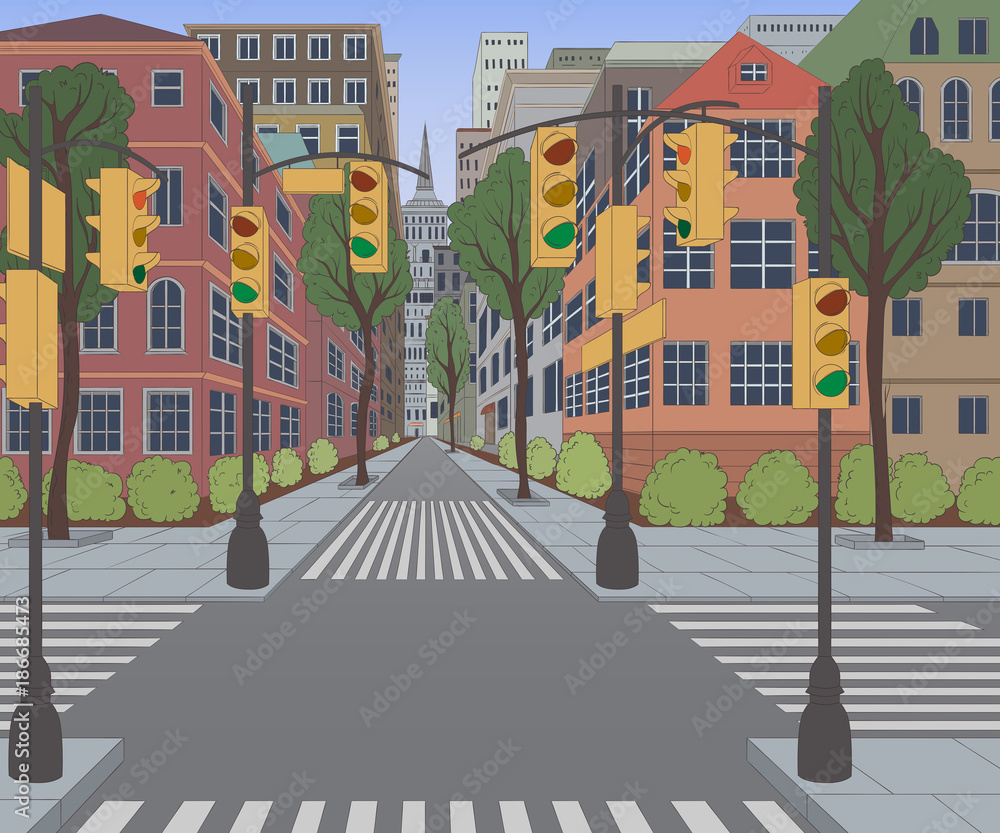 City street with buildings, traffic light, crosswalk and traffic sign ...