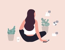 Long Haired Woman Sitting Among Potted Plants And Zero Unread Messages Notification Symbols. Concept Of Solitude And Loneliness On Internet. Colorful Vector Illustration In Contemporary Art Style.