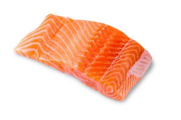 slice of fresh raw salmon on white background with path.