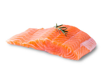 Raw salmon fillet with rosemary isolate on white with path