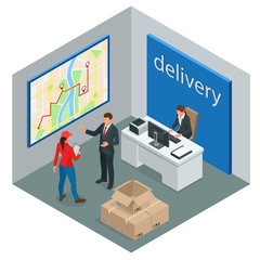 Wall Mural - Isometric delivery service or courier service concept. Courier making notes in delivery receipt at table. Vector illustration