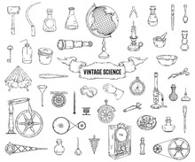 Vintage Science Objects Set In Steampunk Style. Scientific Equipment For Physics, Chemistry, Geography, Pharmacy . Isolated Elements. Vector Illustration