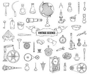 vintage science objects set in steampunk style. scientific equipment for physics, chemistry, geograp
