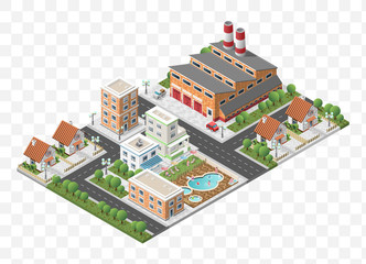 Set of Isolated High Quality Isometric City Elements on Transparent Background